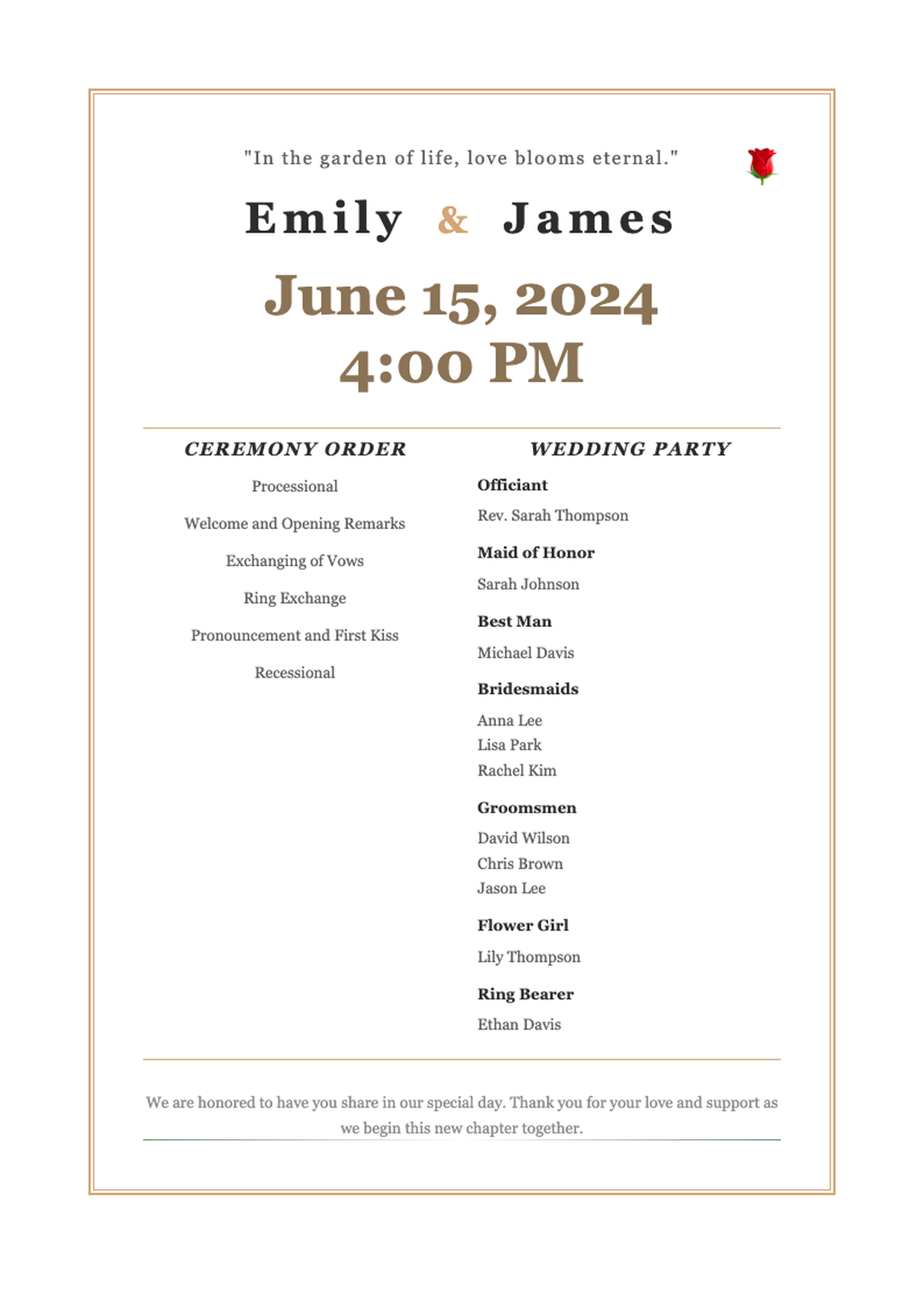 Elegant floral wedding program with gold accents and dual panel layout_variant_2